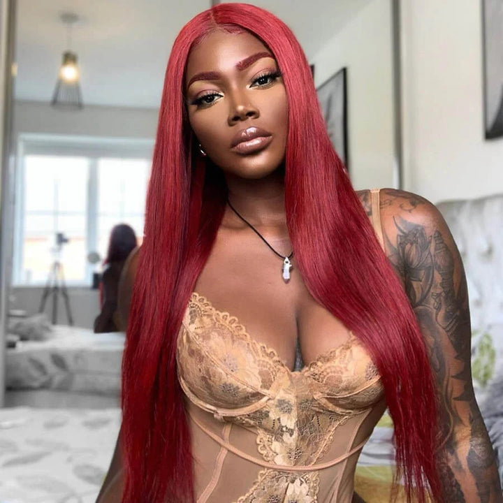 ZSFOQQ Long Straight Hair 99j Burgundy T Part Lace Front Wig Glueless Pre Plucked With Baby Hair 100% Virgin Human Hair Wig