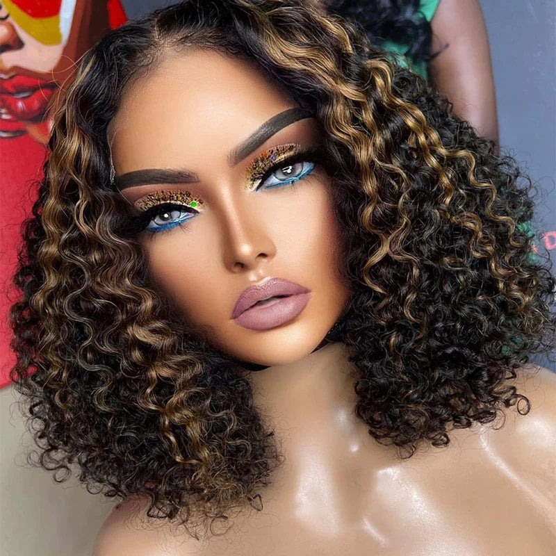 ZSFOQQ Short Curly Bob Wig Ombre Blonde Highlight 13x4 HD Transparent Lace Frontal Wig Pre Plucked Real Human Hair Wig