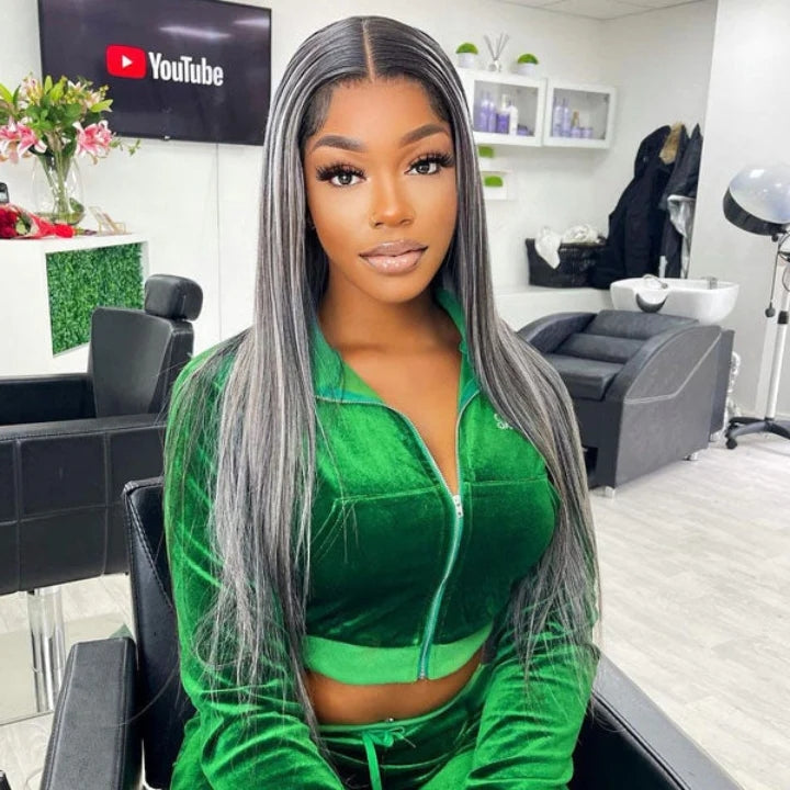 ZSFOQQ Platinum Gray Highlight 13x4/5x5 HD Lace Wig Straight Hair Black With Blond Highlights Lace Front Wig Plucked Natural Hairline With Baby Hair