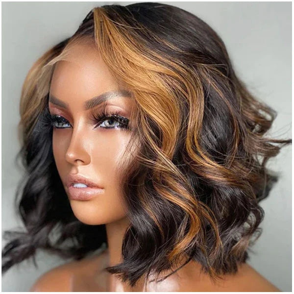 ZSFOQQ Honey Blonde Bob Highlight 13x4/4x4 HD Transparent Lace Front Short Bob Wigs