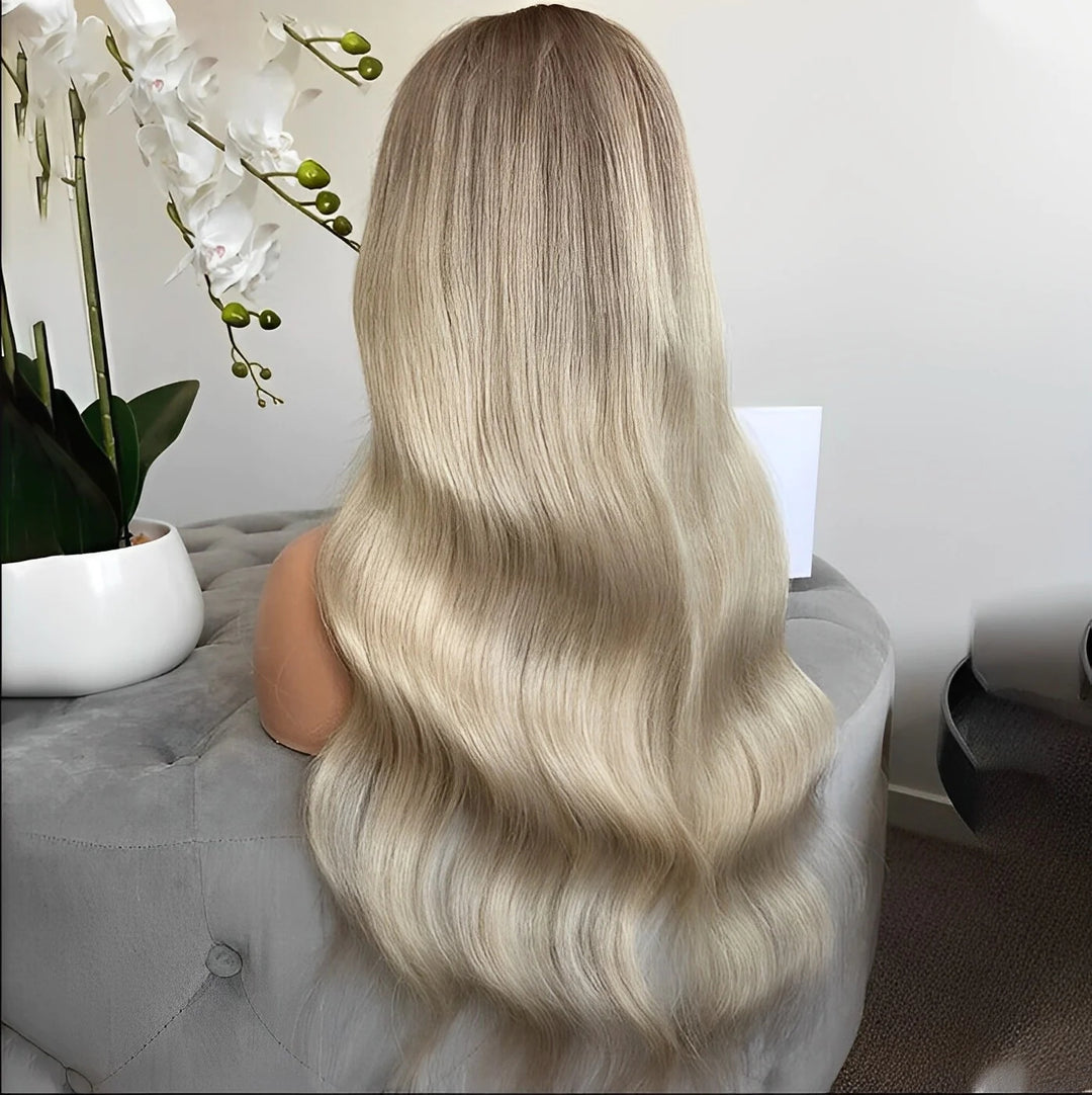 ZSFOQQ Hair Ombre Ash Blonde Lace Front Human Hair Wig Body Wave Colored Brown Hightlight.