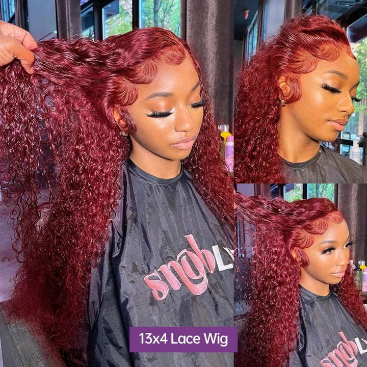 ZSFOQQ Hair Burgundy# Brazilian Jerry Curly Transparent Lace Wig Pre Plucked.