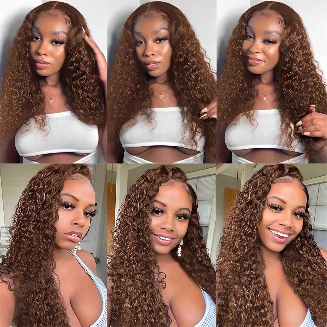 ZSFOQQ Hair 4# Brown Brazilian Water Wave Curly Wavy Lace Wig Pre Plucked.