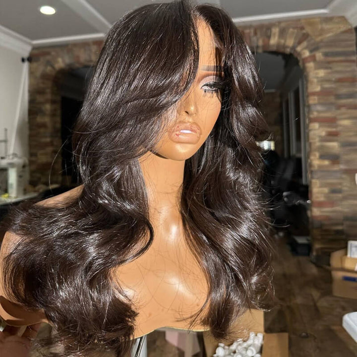 ZSFOQQ TikTok Inspired Layered Cut Wavy With Butterfly Curtain Bangs Blow Out Body Wave Glueless Human Hair Wig