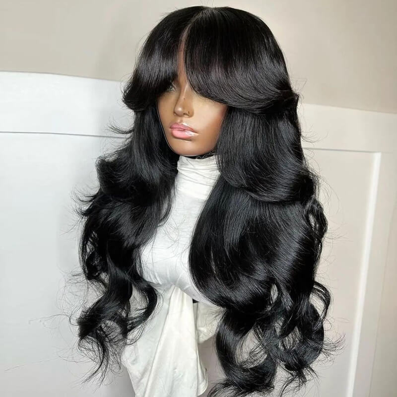 ZSFOQQ TikTok Inspired Layered Cut Wavy With Butterfly Curtain Bangs Blow Out Body Wave Glueless Human Hair Wig