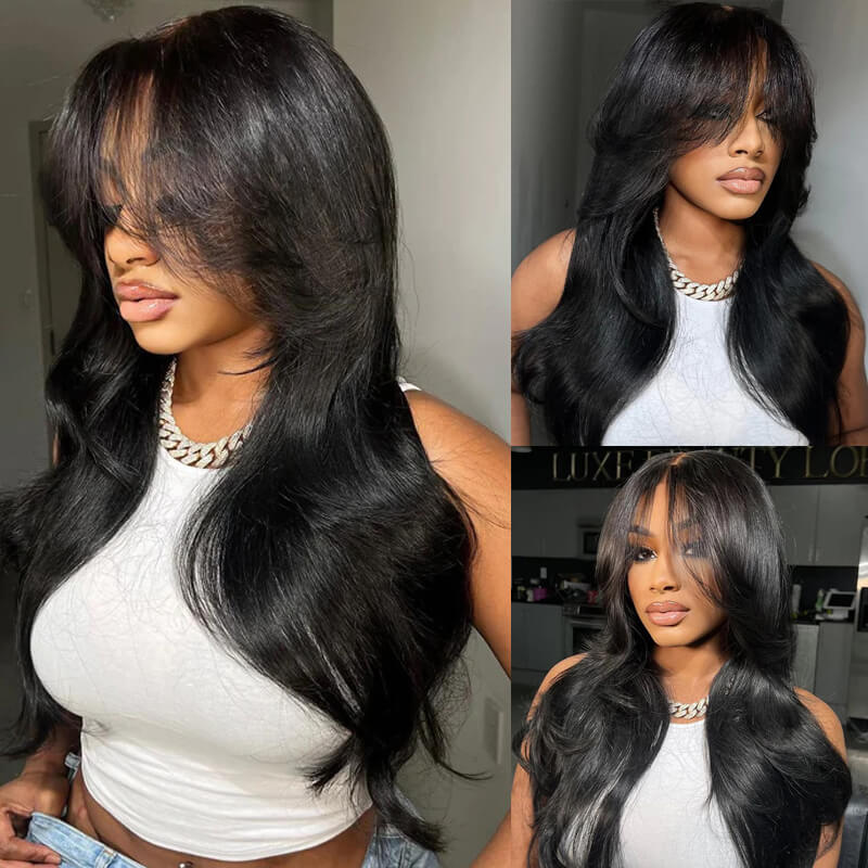 ZSFOQQ TikTok Inspired Layered Cut Wavy With Butterfly Curtain Bangs Blow Out Body Wave Glueless Human Hair Wig