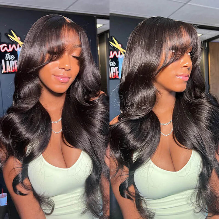 ZSFOQQ TikTok Inspired Layered Cut Wavy With Butterfly Curtain Bangs Blow Out Body Wave Glueless Human Hair Wig