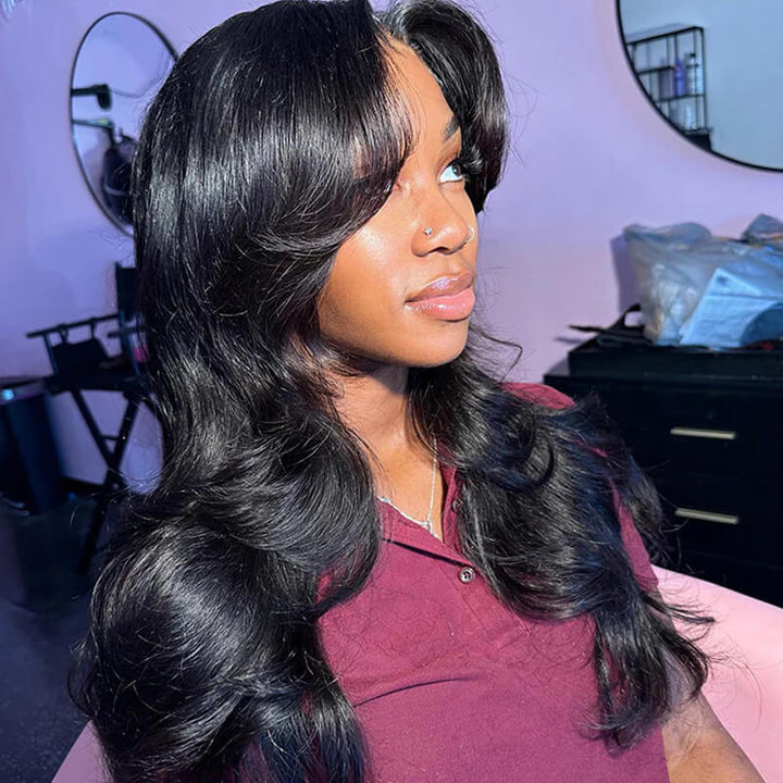 ZSFOQQ TikTok Inspired Layered Cut Wavy With Butterfly Curtain Bangs Blow Out Body Wave Glueless Human Hair Wig