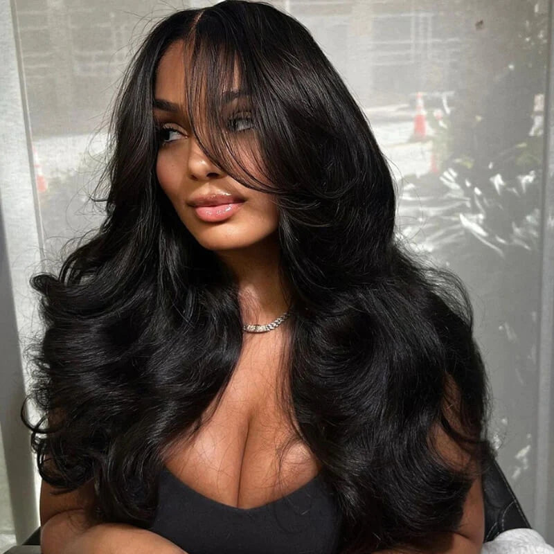 ZSFOQQ TikTok Inspired Layered Cut Wavy With Butterfly Curtain Bangs Blow Out Body Wave Glueless Human Hair Wig