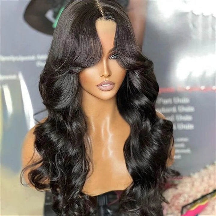 ZSFOQQ TikTok Inspired Layered Cut Wavy With Butterfly Curtain Bangs Blow Out Body Wave Glueless Human Hair Wig