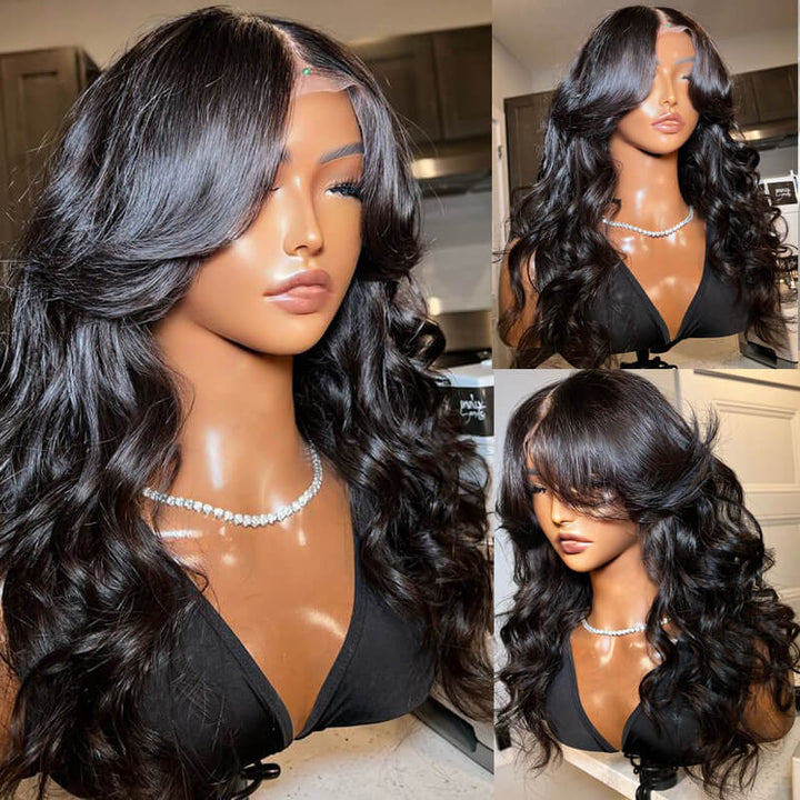 ZSFOQQ Inspired Layered Cut Loose Wave Wig With Curtain Bangs  Loose Wave Glueless Human Hair Wig.