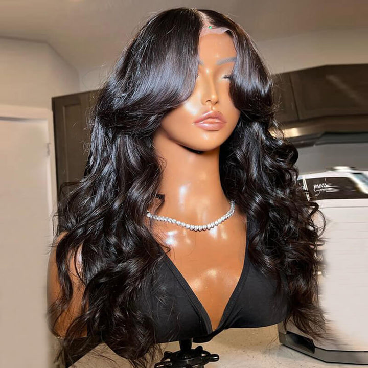 ZSFOQQ Inspired Layered Cut Loose Wave Wig With Curtain Bangs  Loose Wave Glueless Human Hair Wig.