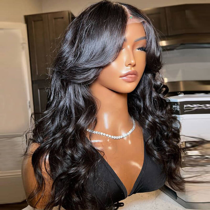 ZSFOQQ Inspired Layered Cut Loose Wave Wig With Curtain Bangs  Loose Wave Glueless Human Hair Wig.