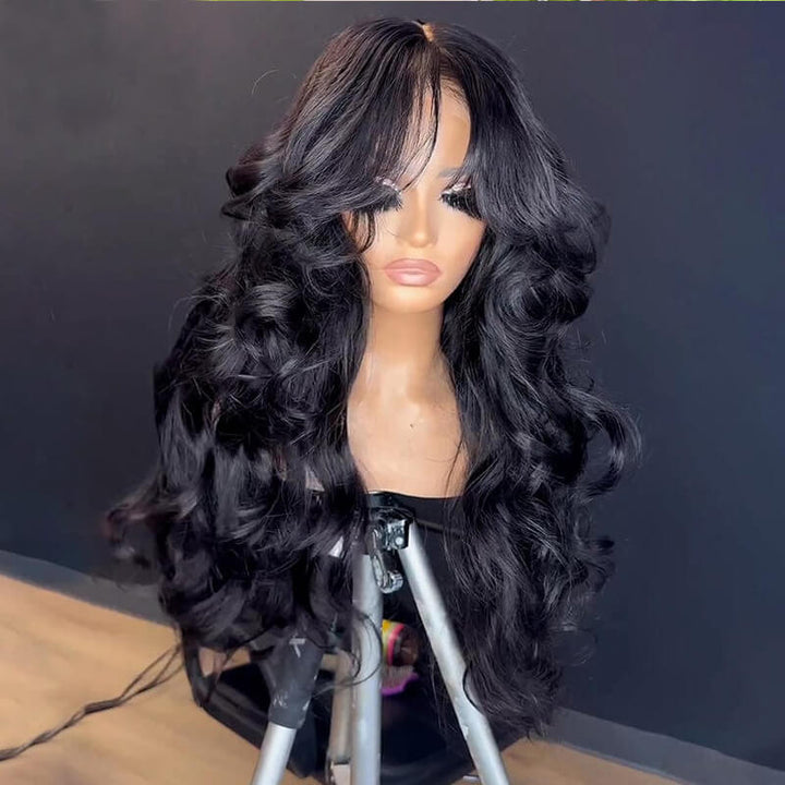 ZSFOQQ Hairstylist Inspired Butterfly Layered Cut Natural Wave Wig With Curtain Bangs Glueless Human Hair Wig High Density