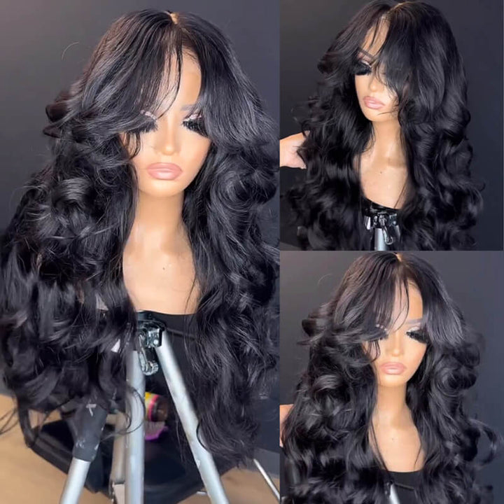 ZSFOQQ Hairstylist Inspired Butterfly Layered Cut Natural Wave Wig With Curtain Bangs Glueless Human Hair Wig High Density