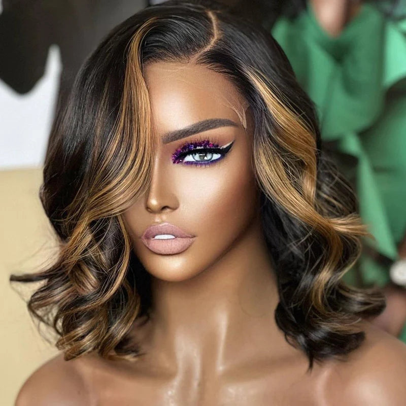 ZSFOQQ Loose Wave Short Bob Wig 13x4 HD Transparent Lace Frontal Black Hair With Blonde Highlights Wig Natural Hairline Real Human Hair Wig