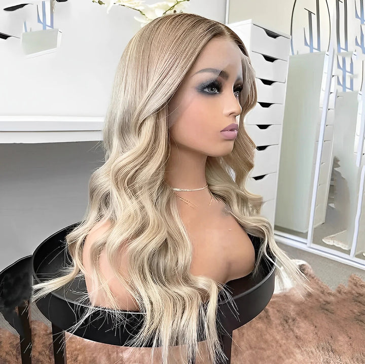 ZSFOQQ Hair Ombre Ash Blonde Lace Front Human Hair Wig Body Wave Colored Brown Hightlight.