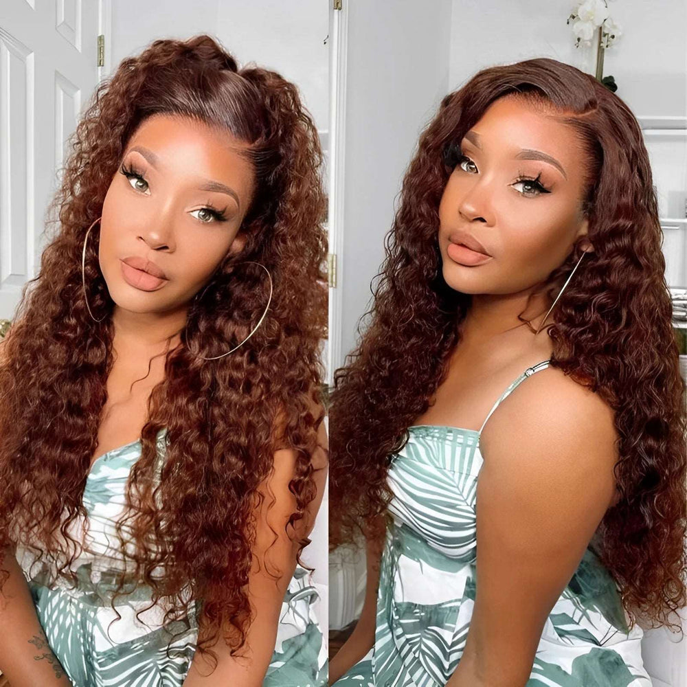 ZSFOQQ Hair 4# Brown Brazilian Water Wave Curly Wavy Lace Wig Pre Plucked.