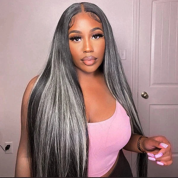 ZSFOQQ Platinum Gray Highlight 13x4/5x5 HD Lace Wig Straight Hair Black With Blond Highlights Lace Front Wig Plucked Natural Hairline With Baby Hair