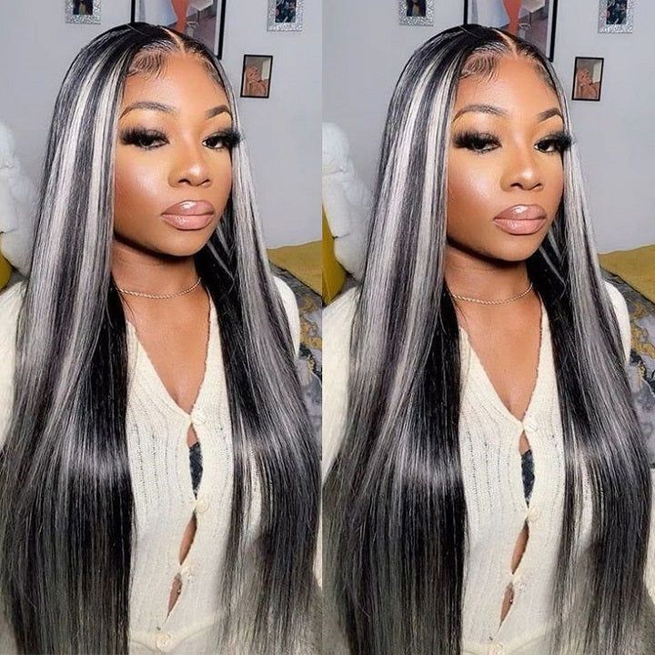 ZSFOQQ Platinum Gray Highlight 13x4/5x5 HD Lace Wig Straight Hair Black With Blond Highlights Lace Front Wig Plucked Natural Hairline With Baby Hair