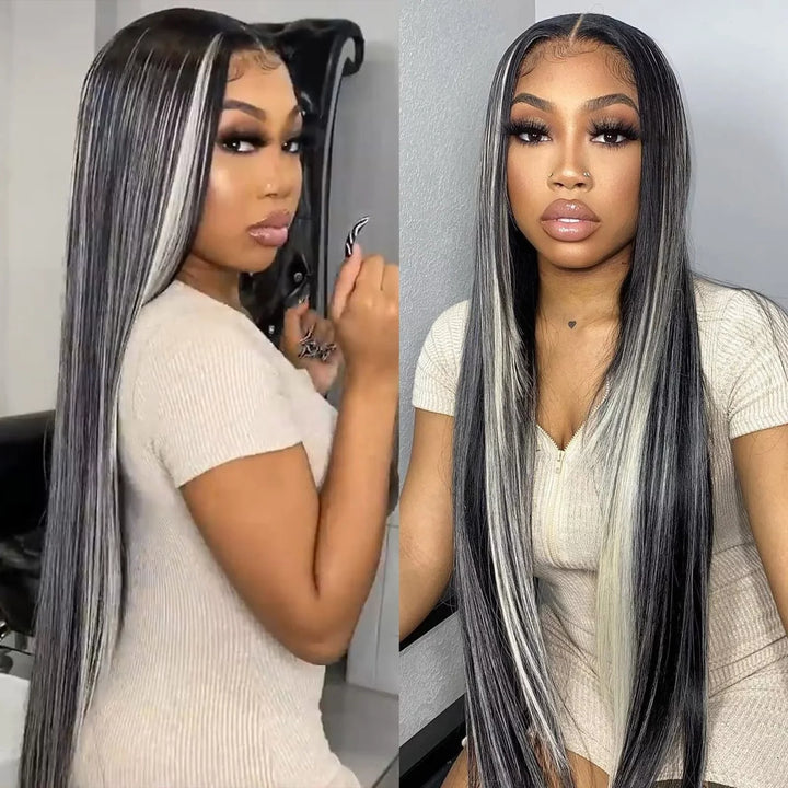 ZSFOQQ Platinum Gray Highlight 13x4/5x5 HD Lace Wig Straight Hair Black With Blond Highlights Lace Front Wig Plucked Natural Hairline With Baby Hair