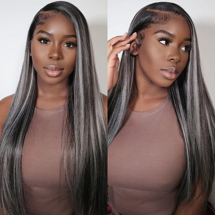 ZSFOQQ Platinum Gray Highlight 13x4/5x5 HD Lace Wig Straight Hair Black With Blond Highlights Lace Front Wig Plucked Natural Hairline With Baby Hair