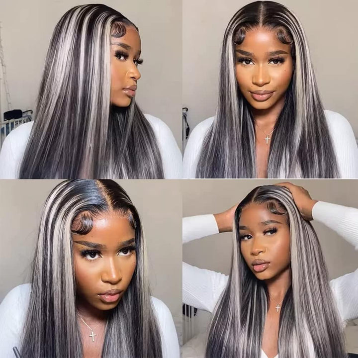 ZSFOQQ Platinum Gray Highlight 13x4/5x5 HD Lace Wig Straight Hair Black With Blond Highlights Lace Front Wig Plucked Natural Hairline With Baby Hair