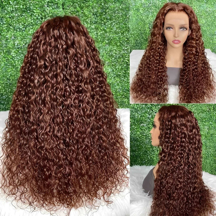 ZSFOQQ Hair 4# Brown Brazilian Water Wave Curly Wavy Lace Wig Pre Plucked.