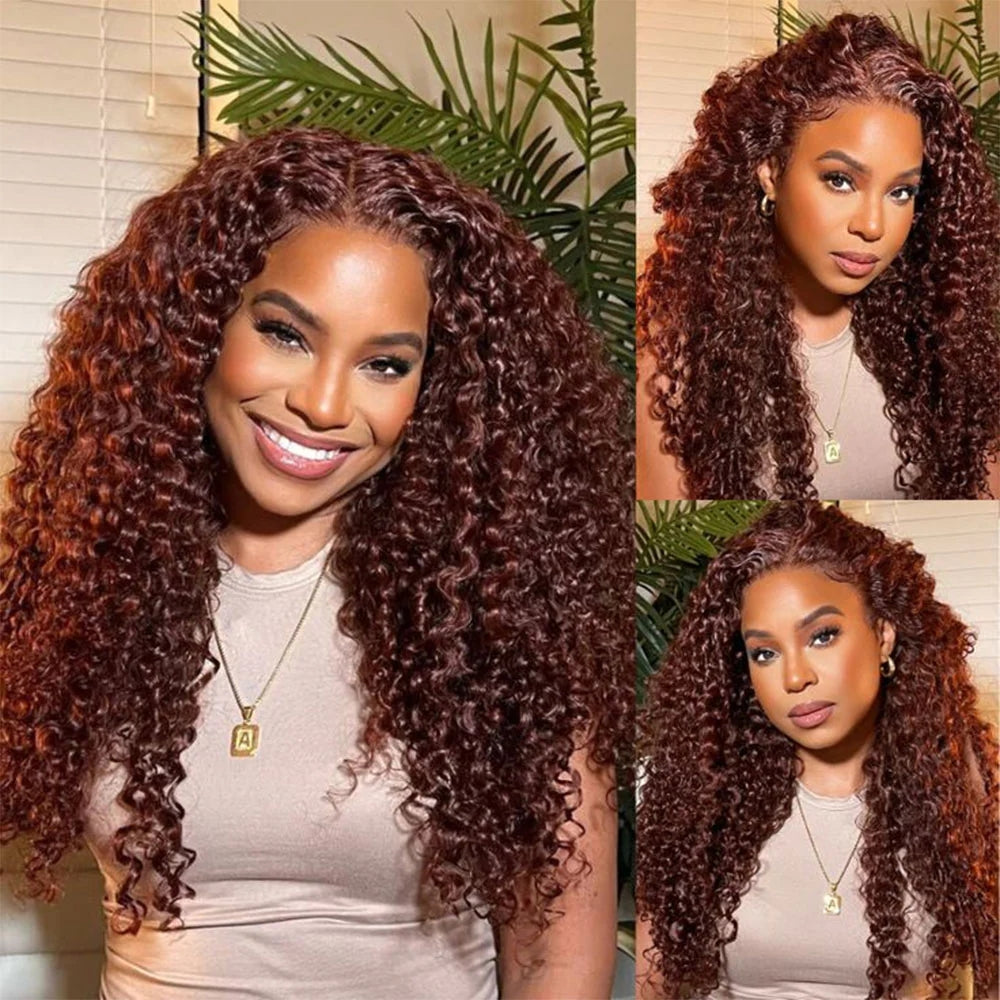 ZSFOQQ Reddish Brown 4x4 Water Wave Glueless Lace Closure Human Hair Wigs.