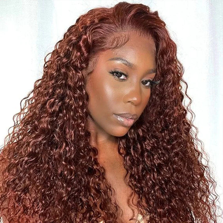 ZSFOQQ Reddish Brown 4x4 Water Wave Glueless Lace Closure Human Hair Wigs.