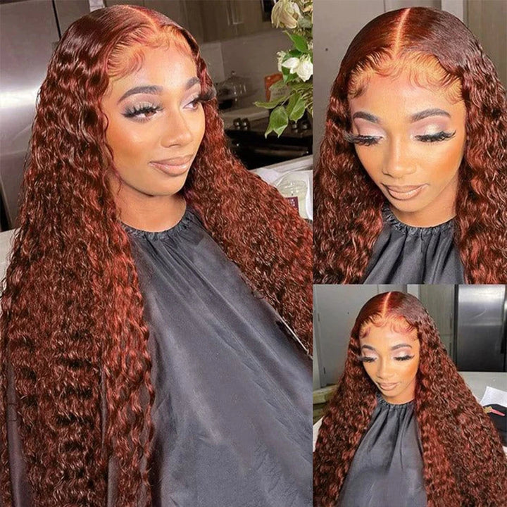 ZSFOQQ Reddish Brown 4x4 Water Wave Glueless Lace Closure Human Hair Wigs.