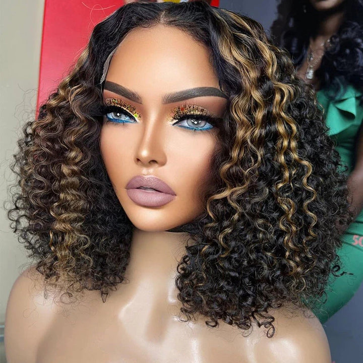 ZSFOQQ Short Curly Bob Wig Ombre Blonde Highlight 13x4 HD Transparent Lace Frontal Wig Pre Plucked Real Human Hair Wig