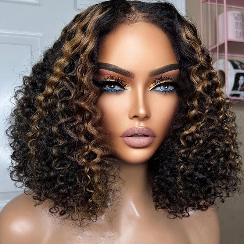 ZSFOQQ Short Curly Bob Wig Ombre Blonde Highlight 13x4 HD Transparent Lace Frontal Wig Pre Plucked Real Human Hair Wig