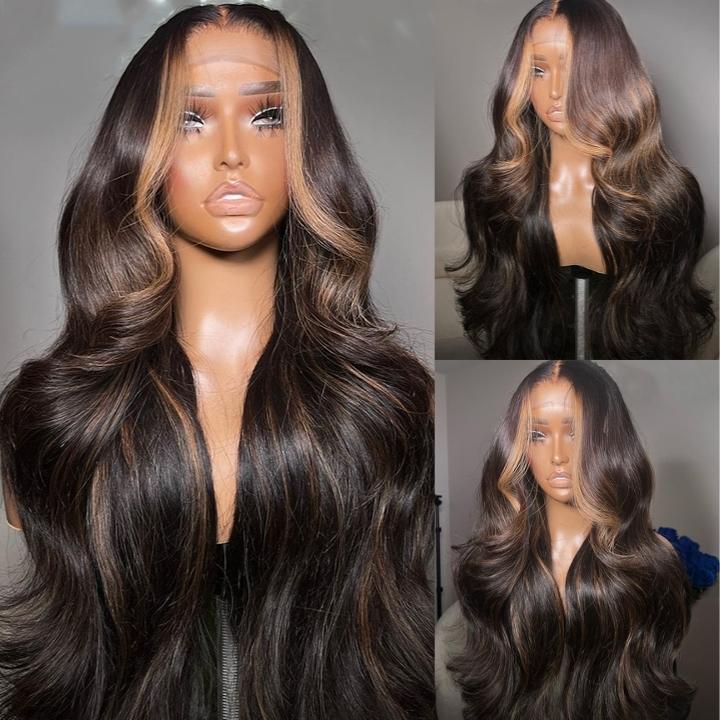 ZSFOQQ Money Piece Brown Body Wave HD Transparent Lace Front Wigs Glueless Skunk Stripe Color Human Hair Wigs