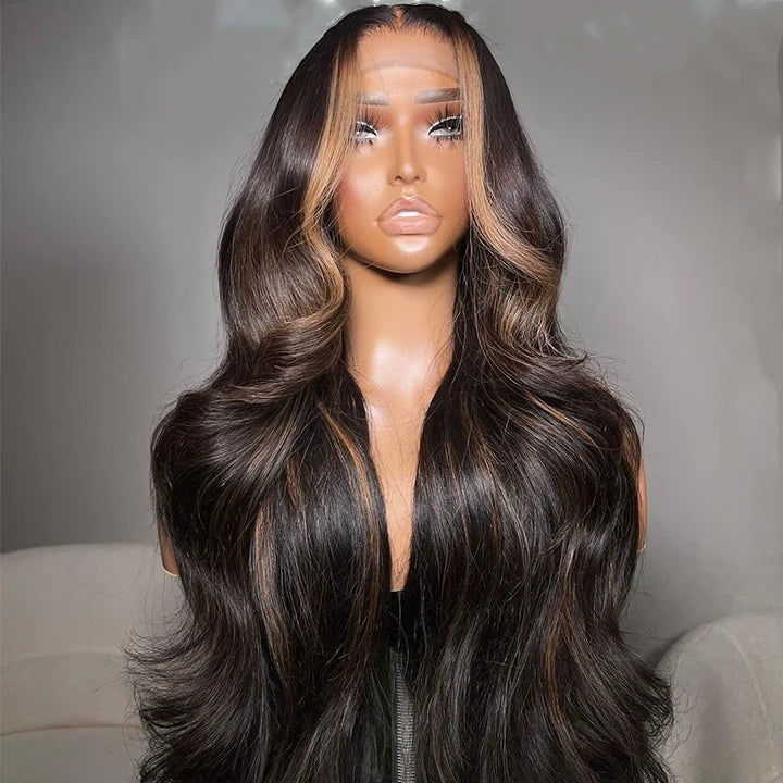 ZSFOQQ Money Piece Brown Body Wave HD Transparent Lace Front Wigs Glueless Skunk Stripe Color Human Hair Wigs