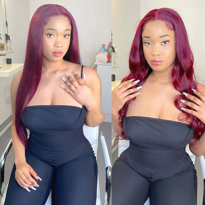 ZSFOQQ Long Straight Hair 99j Burgundy T Part Lace Front Wig Glueless Pre Plucked With Baby Hair 100% Virgin Human Hair Wig