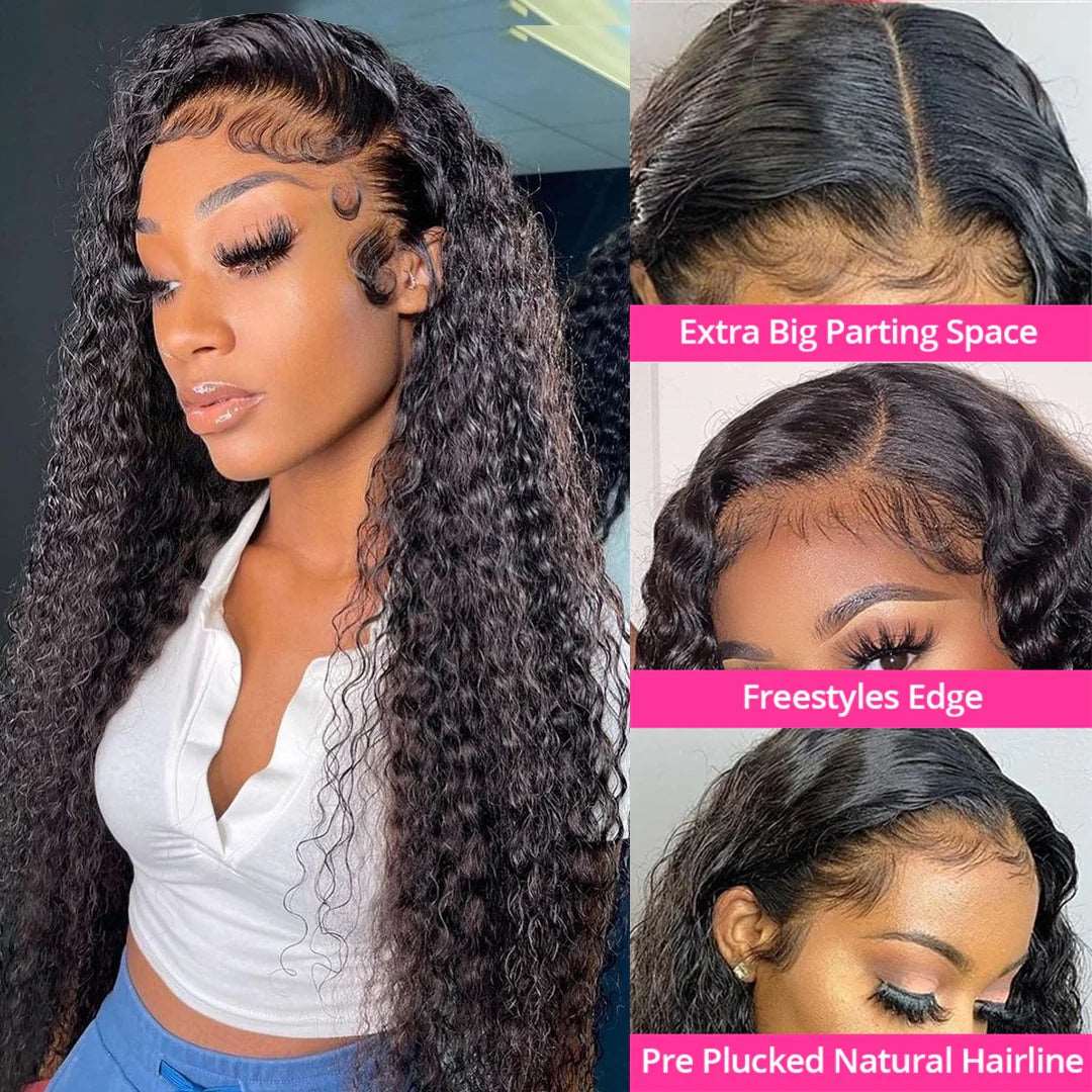 ZSFOQQ Hair Deep Curly 13*4 Transparent Lace Frontal Wig Unprocessed Human Virgin Hair Natural Black.