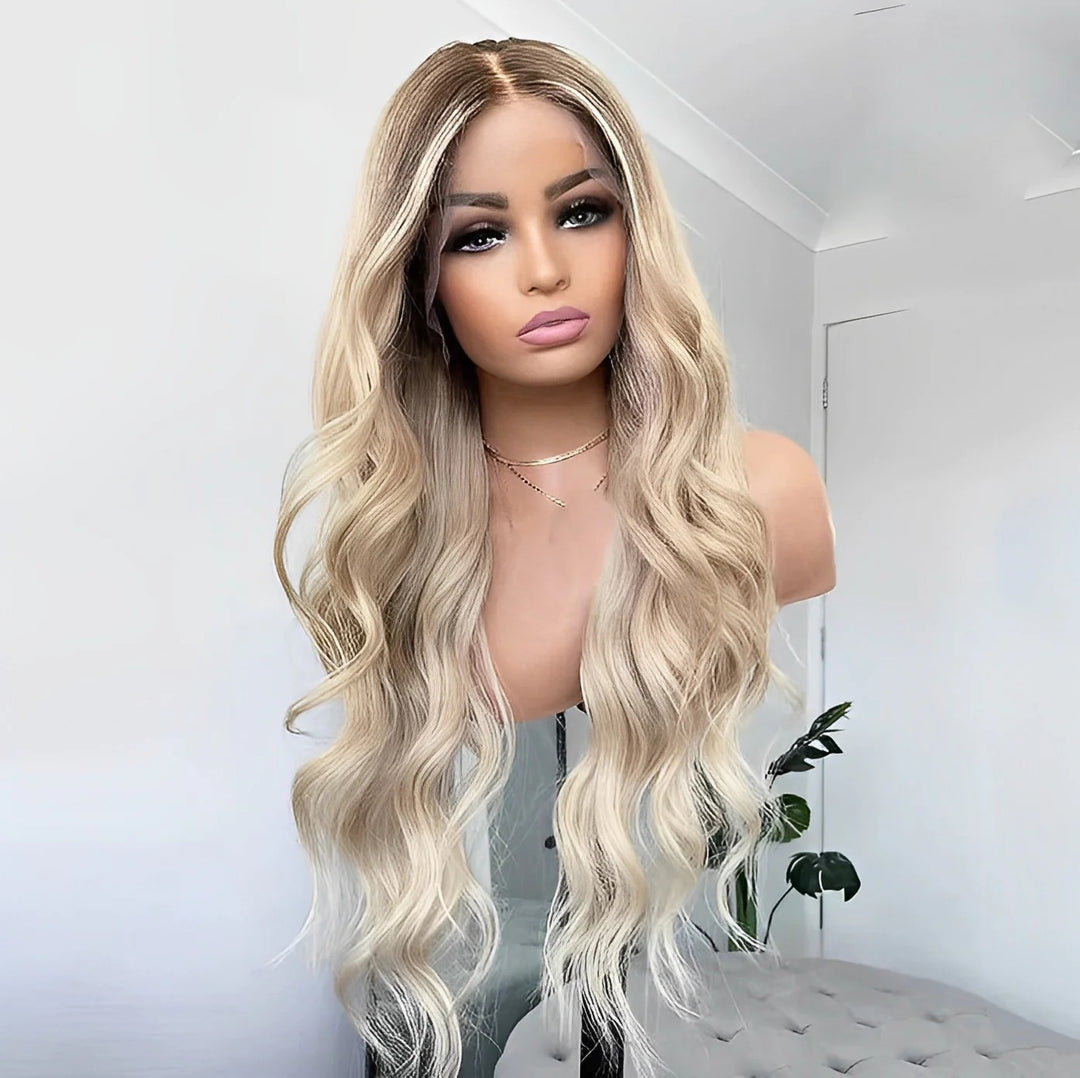 ZSFOQQ Hair Ombre Ash Blonde Lace Front Human Hair Wig Body Wave Colored Brown Hightlight.