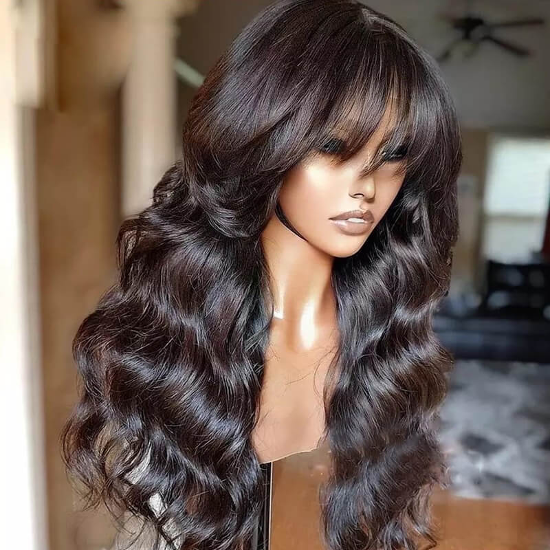 ZSFOQQ  New Pre Cut Lace Closure Layered Cut Body Wave Wig Blow Out Wavy With Air Bangs Glueless Human Hair Wigs For Women ZSFOQQ HAIR