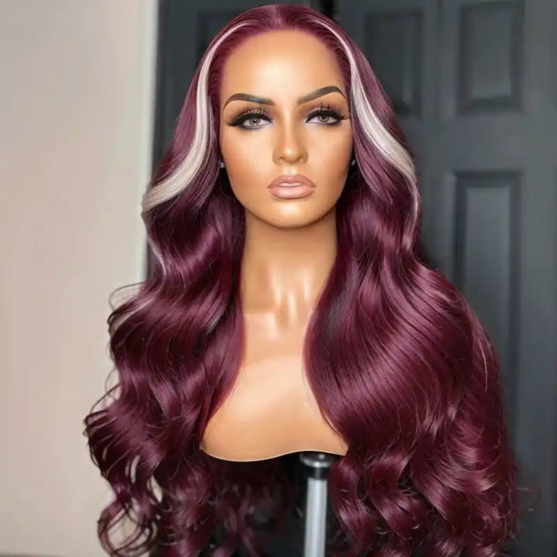 ZSFOQQ Hair 13x4 Lace Frontal Skunk Stripe Wig #613/99J Burgundy Color Highlight Body Wave Wig