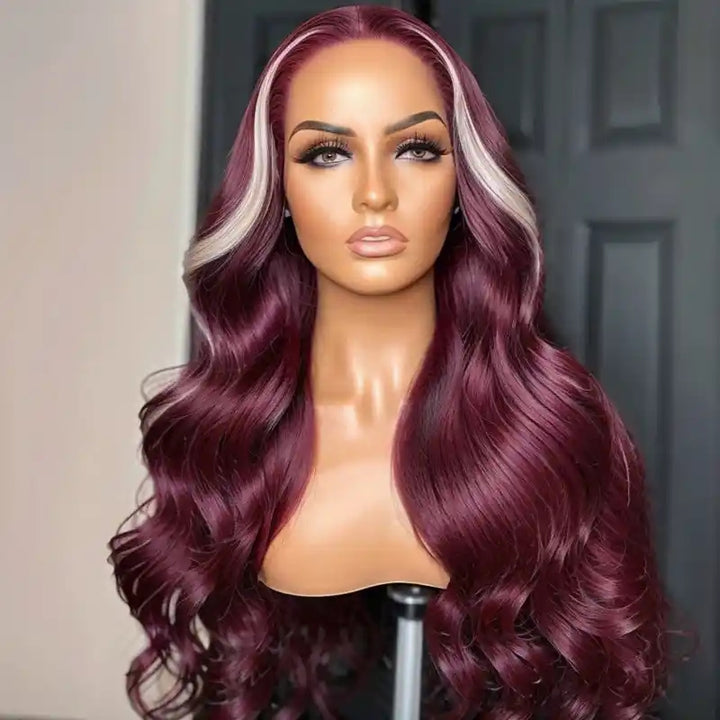 ZSFOQQ Hair 13x4 Lace Frontal Skunk Stripe Wig #613/99J Burgundy Color Highlight Body Wave Wig