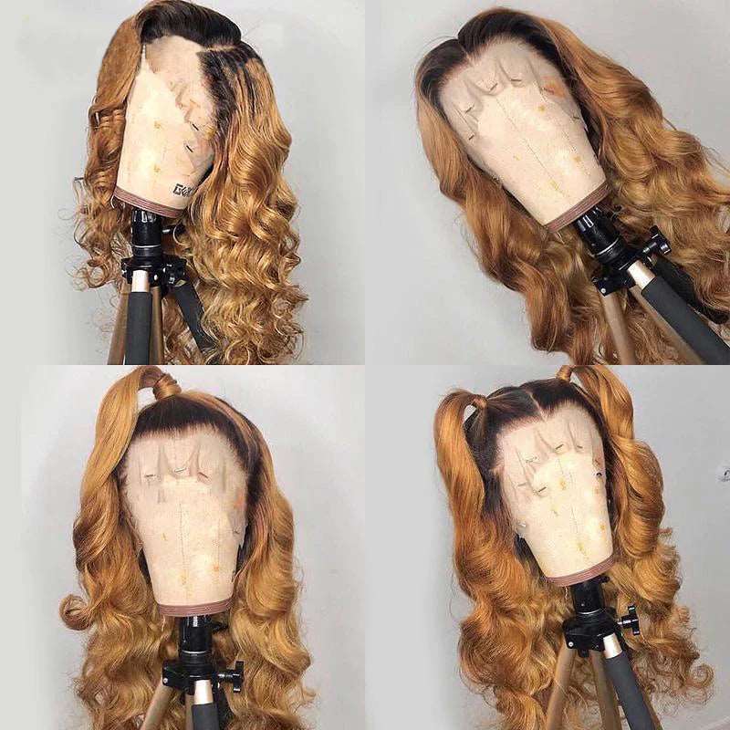 ZSFOQQ Hair 1B 27# Ombre Lace Wig Body Wave 5*5/13*4 Lace Colored Human Virgin Hair One Piece.