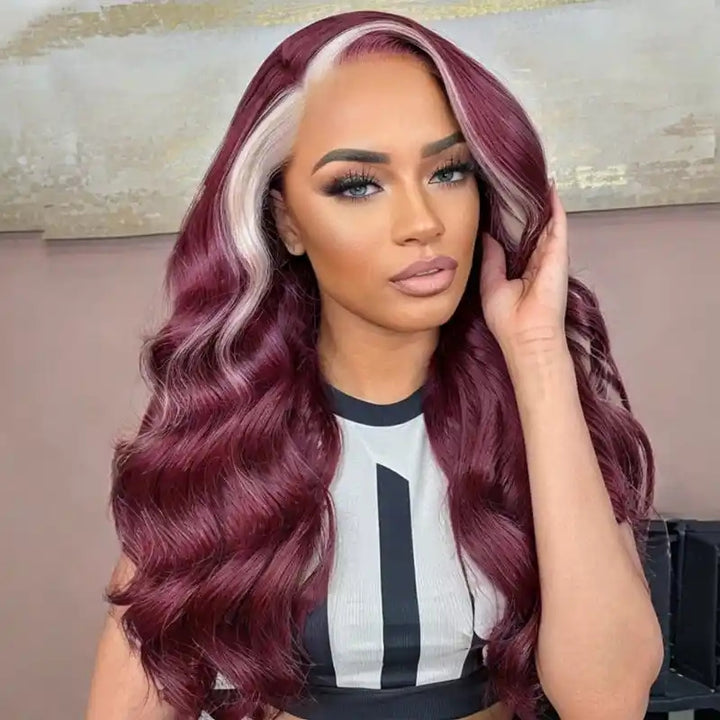 ZSFOQQ Hair 13x4 Lace Frontal Skunk Stripe Wig #613/99J Burgundy Color Highlight Body Wave Wig