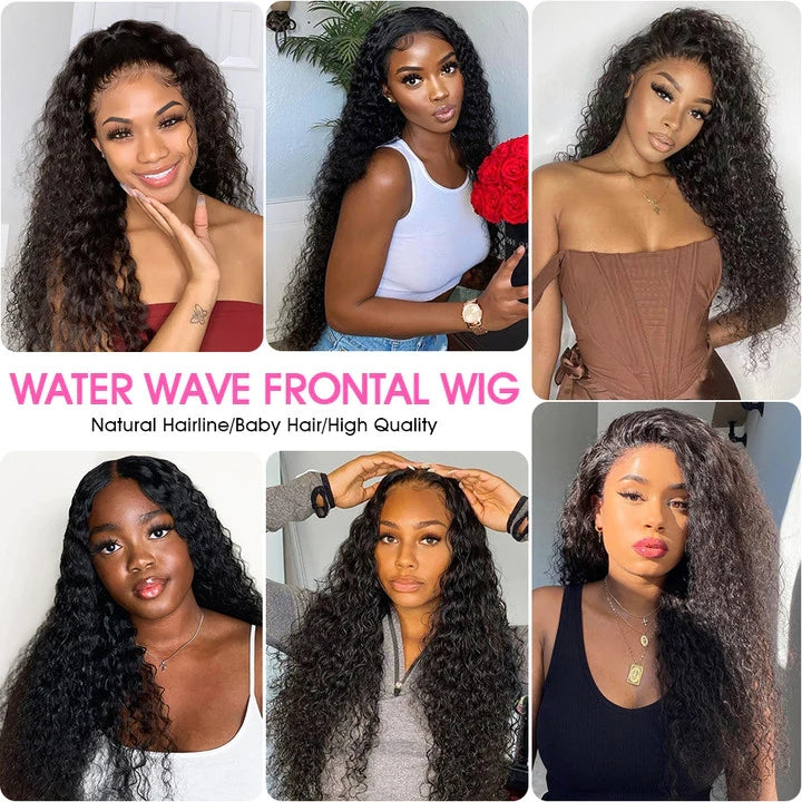 ZSFOQQ Hair Water Wave 13*4 Transparent Lace Frontal Wig Unprocessed Human Virgin Hair Natural Black.