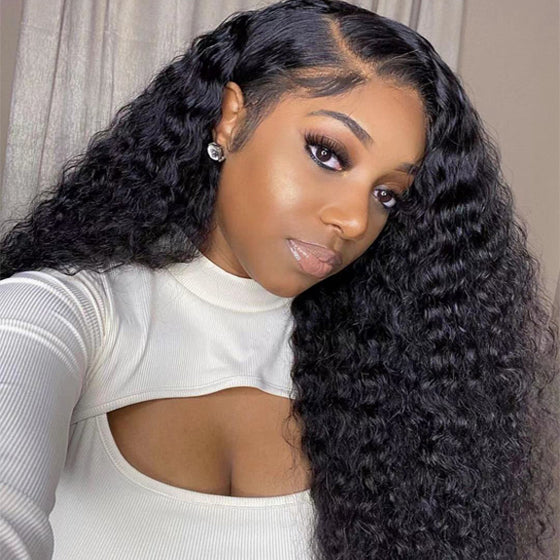 ZSFOQQ Hair Deep Curly 13*4 Transparent Lace Frontal Wig Unprocessed Human Virgin Hair Natural Black.