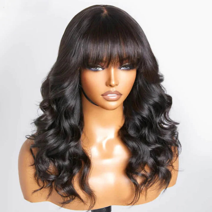 ZSFOQQ Layered Cut Loose Wave Wig With Air Bangs 4x4 5x5 Glueless Lace Closure Human Hair Wigs For Women