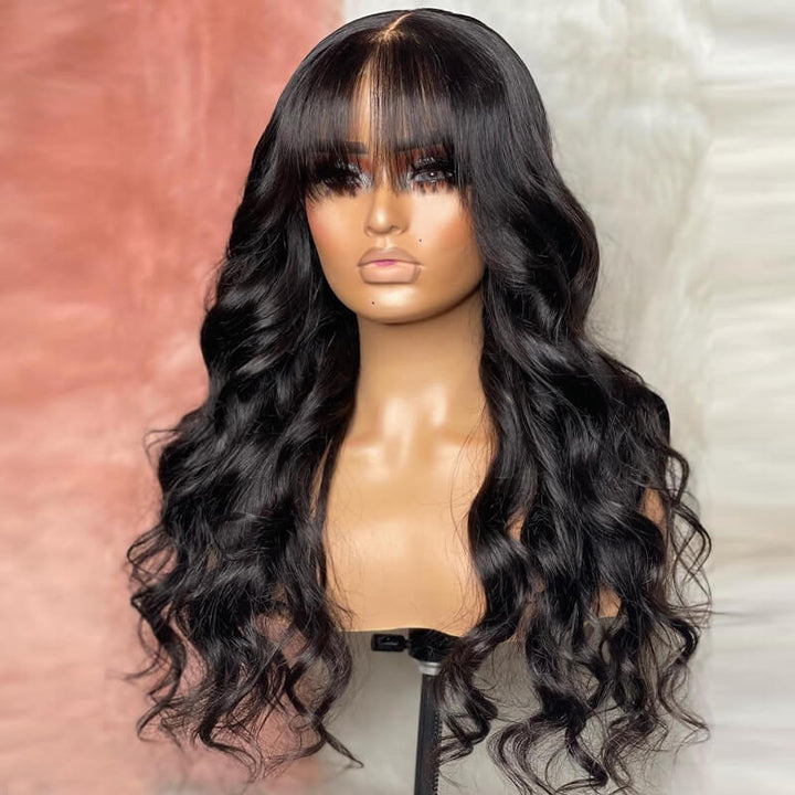 ZSFOQQ Layered Cut Loose Wave Wig With Air Bangs 4x4 5x5 Glueless Lace Closure Human Hair Wigs For Women