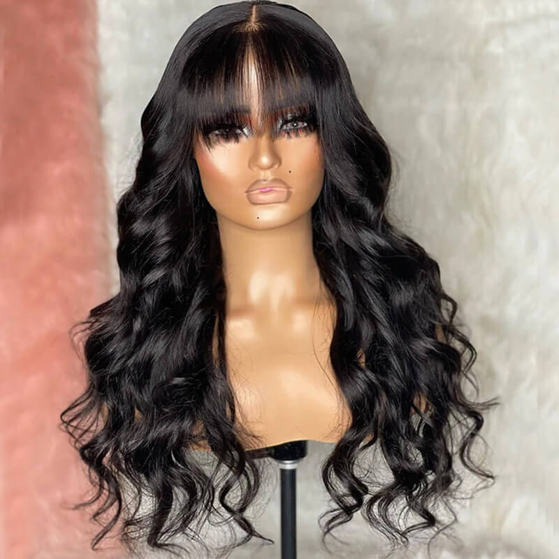 ZSFOQQ Layered Cut Loose Wave Wig With Air Bangs 4x4 5x5 Glueless Lace Closure Human Hair Wigs For Women