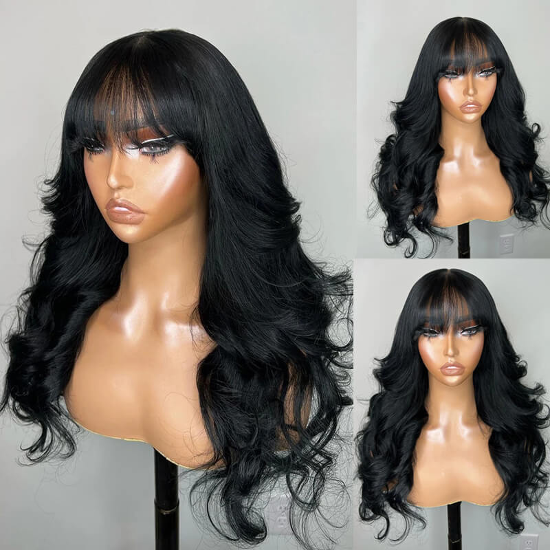 ZSFOQQ Layered Cut Loose Wave Wig With Air Bangs 4x4 5x5 Glueless Lace Closure Human Hair Wigs For Women