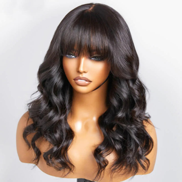 ZSFOQQ Layered Cut Loose Wave Wig With Air Bangs 4x4 5x5 Glueless Lace Closure Human Hair Wigs For Women